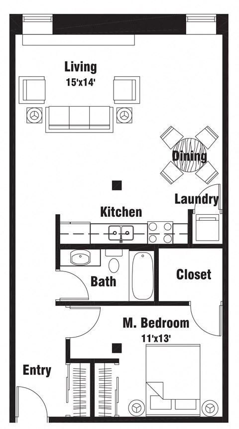 Floor plan for 1 bed, 1 bath, 775 sqft